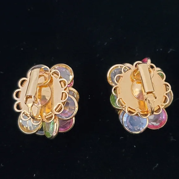 Vintage Pastel Crystal Cluster Earrings Uranium Glass Multi-layer - Picture 4 of 9